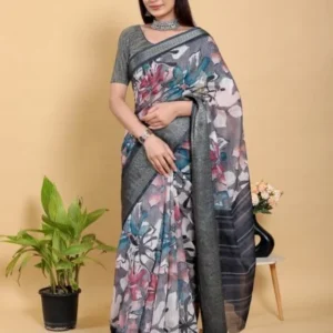 Abstract Grey & Black Floral Linen Cotton Saree With Blouse Piece