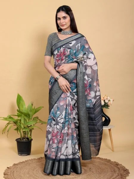 Abstract Grey & Black Floral Linen Cotton Saree With Blouse Piece