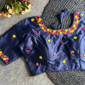 Malishka Export Women’s Navy Blue Pure Silk Hand Work Readymade Blouse