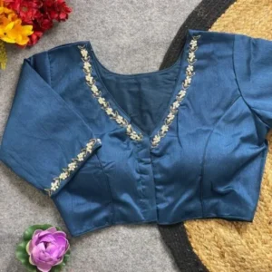 Malishka Export Women’s Blue Pure Silk Hand Work Readymade Blouse