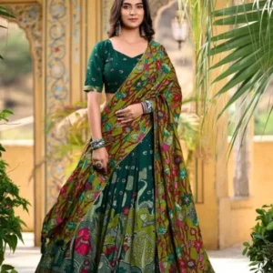 Malishka Export Womens Green Dola Silk With Foil Print Lehenga Choli Set