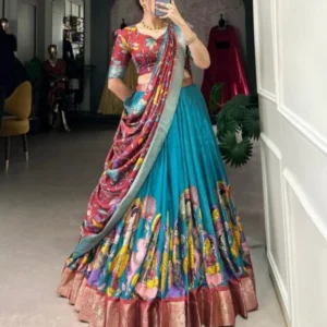 Malishka Export Womens Firozi Dola Silk With Jacquard Lehenga Choli Set