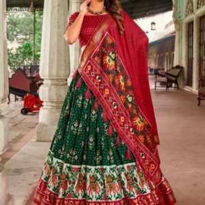 Malishka Export Womens Green Dola Silk With Foil Print Lehenga Choli Set