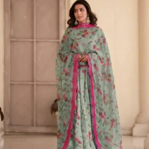 Avantini Women’s Blue Georgette Digital Print Anarkali Kurta Pant With Dupatta