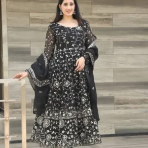 Avantini Women’s Blue Faux Georgette Embroidered Anarkali Kurta Pant With Dupatta