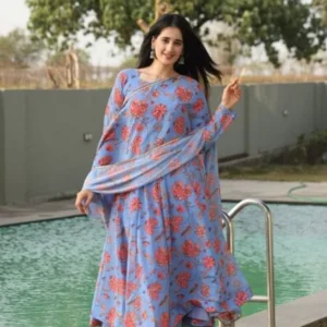 Avantini Women’s Black Georgette Embroidered Anarkali Kurta Pant With Dupatta