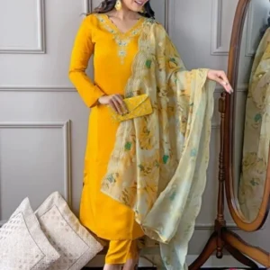 Avantini Women’s Yellow Viscose Chanderi Embroidered Straight Kurta Pant With Dupatta