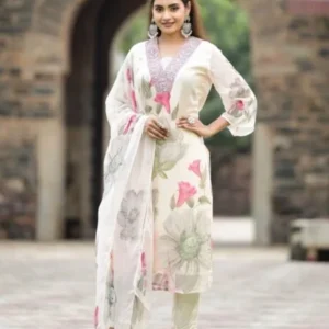 Avantini Women’s Black Georgette Embroidered Straight Kurta Pant With Dupatta