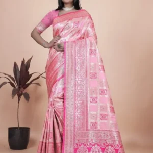 Avantini Baby Pink Banarasi Silk Saree with Rich Silver Zari Detailing With Unstitched Blouse Piece