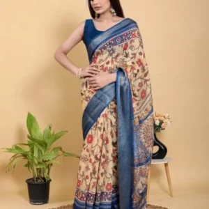 Artistic Brown & Teal Motif Linen Cotton Saree With Blouse Piece