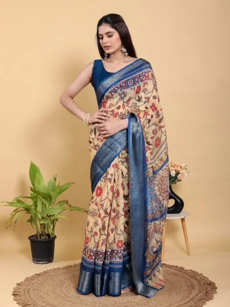 Artistic Brown & Teal Motif Linen Cotton Saree With Blouse Piece