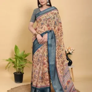 Artistic Mustard & Blue Floral Linen Cotton Saree With Blouse Piece