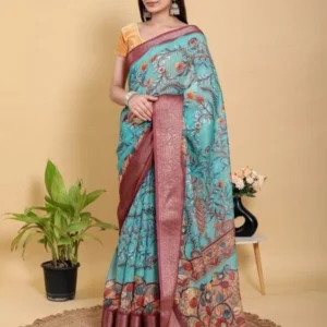 Aqua Teal Peacock Print Linen Cotton Saree With Blouse Piece