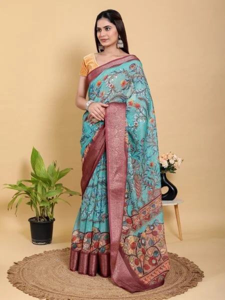 Aqua Teal Peacock Print Linen Cotton Saree With Blouse Piece