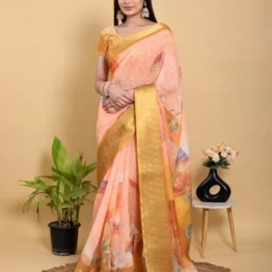 Abstract Peach & Gold Floral Linen Cotton Saree With Blouse Piece