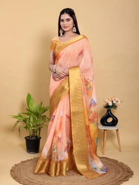 Abstract Peach & Gold Floral Linen Cotton Saree With Blouse Piece