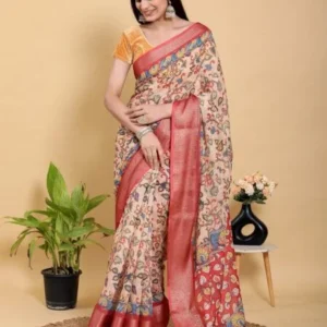 Artistic Kalamkari Print Linen Cotton Saree Zari Border With Blouse Piece