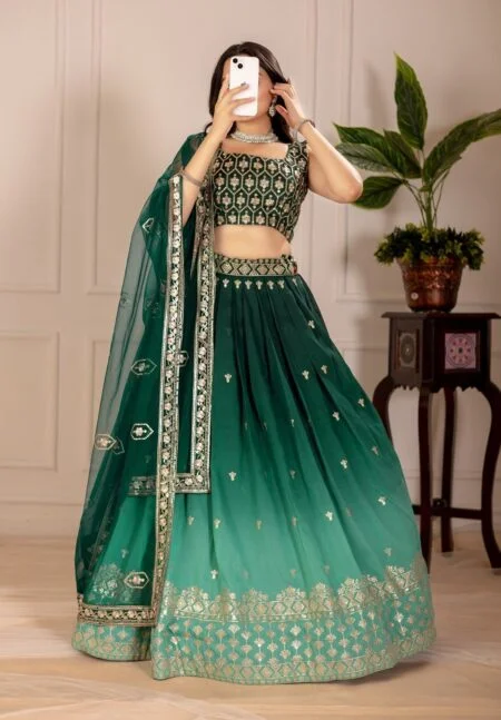 Malishka Export Womens Green Simmer Silk Embroidery Lehenga Choli Set