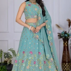 Malishka Export Womens Firozi Faux Georgette Embroidery Lehenga Choli Set