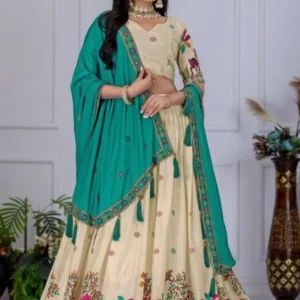 Malishka Export Womens Firozi Chinnon Silk Embroidery Lehenga Choli Set