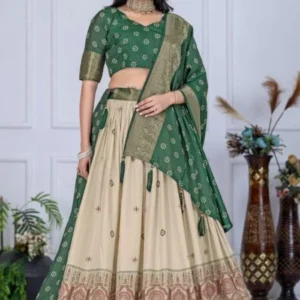 Malishka Export Womens Green Heavy Lichi Fabric WIth Jacquard Border Lehenga Choli Set