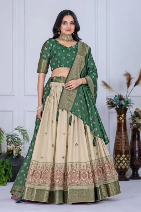 Malishka Export Womens Green Heavy Lichi Fabric WIth Jacquard Border Lehenga Choli Set