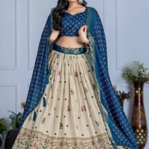 Malishka Export Womens Blue Heavy Lichi Fabric WIth Jacquard Border Lehenga Choli Set