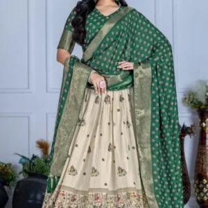 Malishka Export Womens Green Heavy Lichi Fabric WIth Jacquard Border Lehenga Choli Set