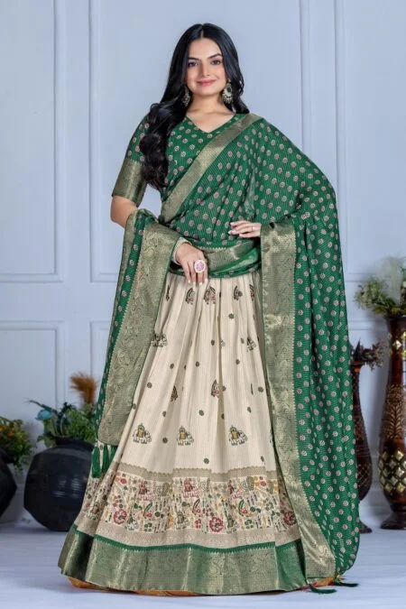 Malishka Export Womens Green Heavy Lichi Fabric WIth Jacquard Border Lehenga Choli Set