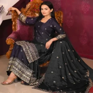 Avantini Women’s Black Rayon Cotton Embroidered Anarkali Kurta Pant With Dupatta