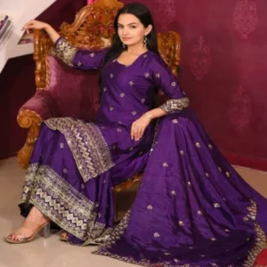 Avantini Women’s Black Chinon Embroidered Straight Kurta Sharara With Dupatta