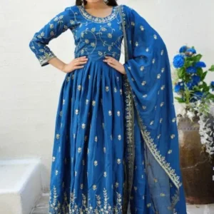 Avantini Women’s Blue Chinon Sequence Straight Kurta Sharara With Dupatta