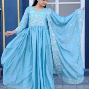 Avantini Women’s Blue Chinon Sequence Anarkali Kurta Pant With Dupatta