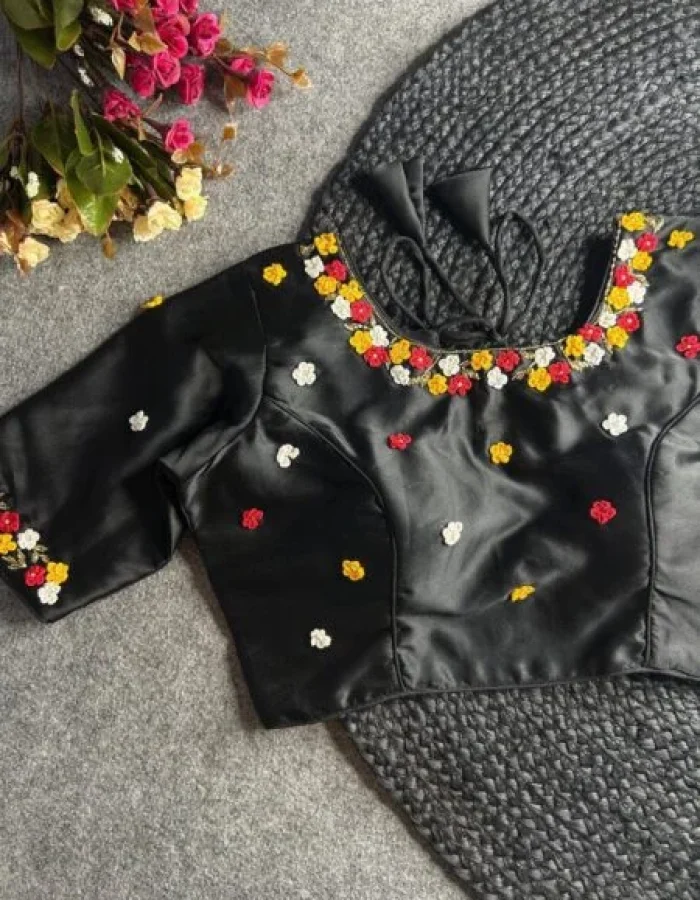 Malishka Export Women’s Black Pure Silk Hand Work Readymade Blouse