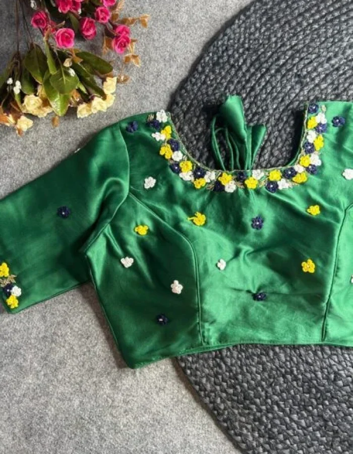 Malishka Export Women’s Green Pure Silk Hand Work Readymade Blouse