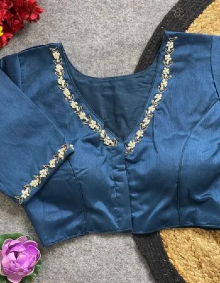 Malishka Export Women’s Blue Pure Silk Hand Work Readymade Blouse