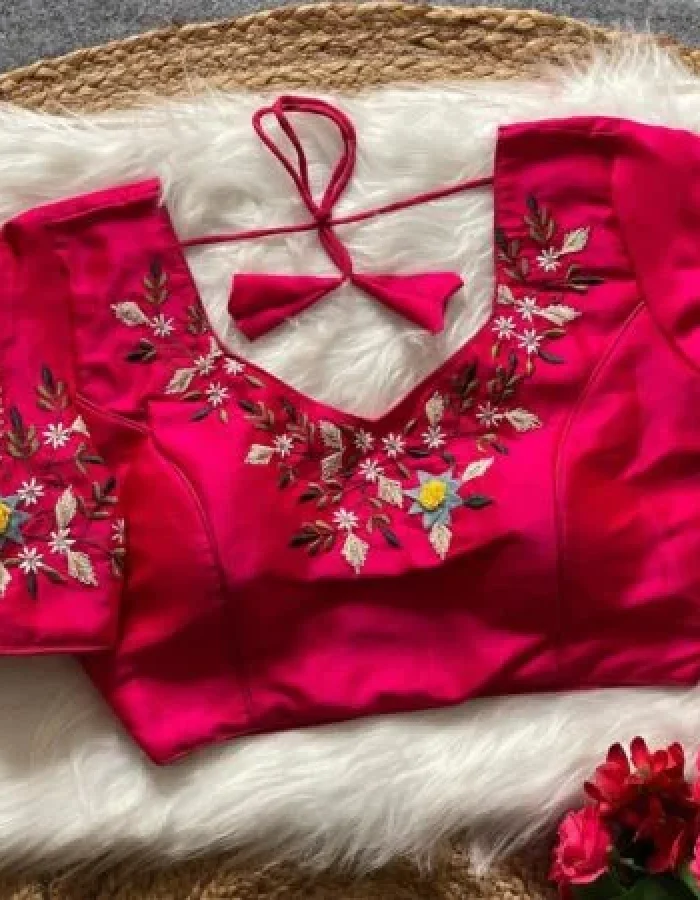 Malishka Export Women’s Pink Banglori Silk Embroidery Readymade Blouse