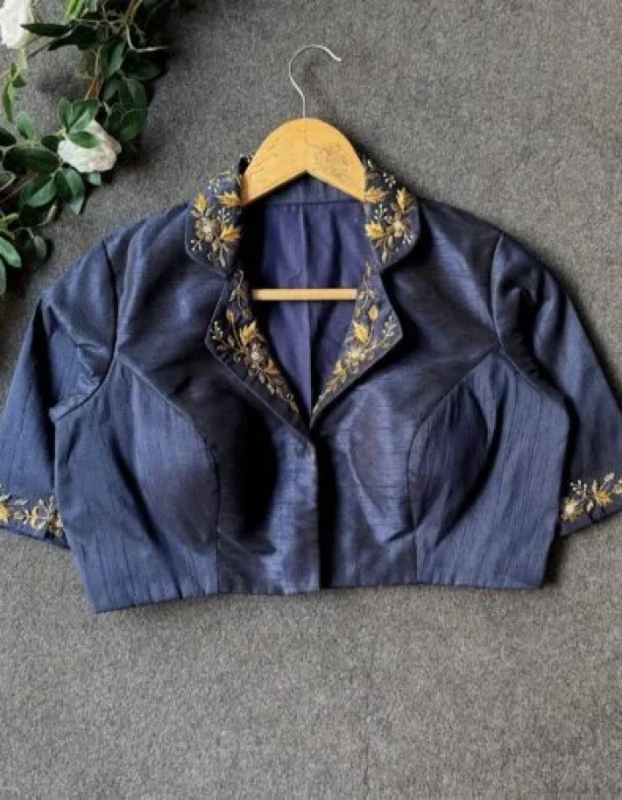 Malishka Export Women’s Navy Blue Banglori Silk Hand Work Readymade Blouse