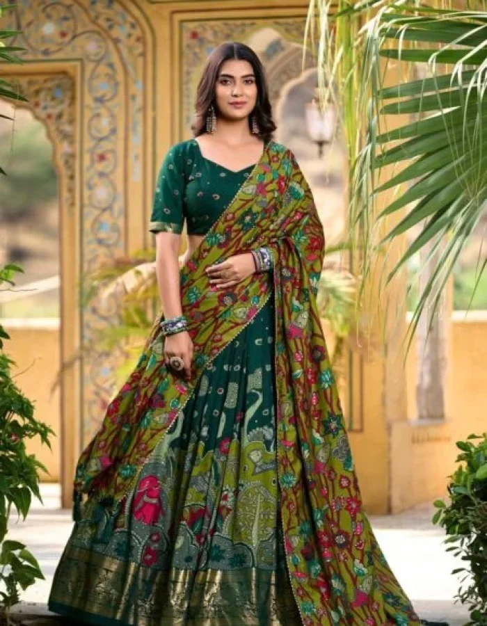 Malishka Export Womens Green Dola Silk With Foil Print Lehenga Choli Set