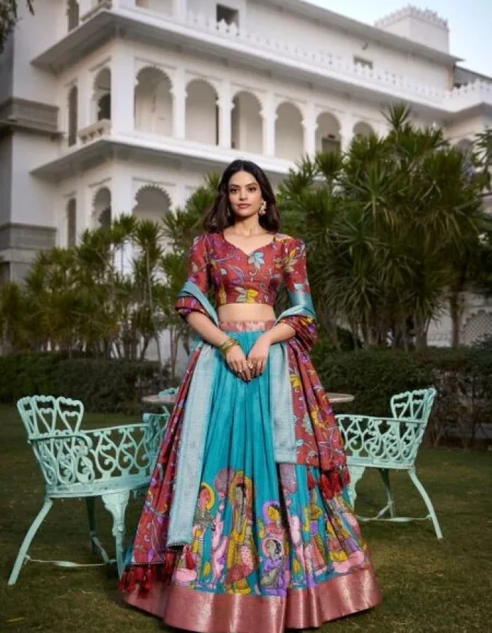 Malishka Export Womens Firozi Dola Silk With Jacquard Lehenga Choli Set