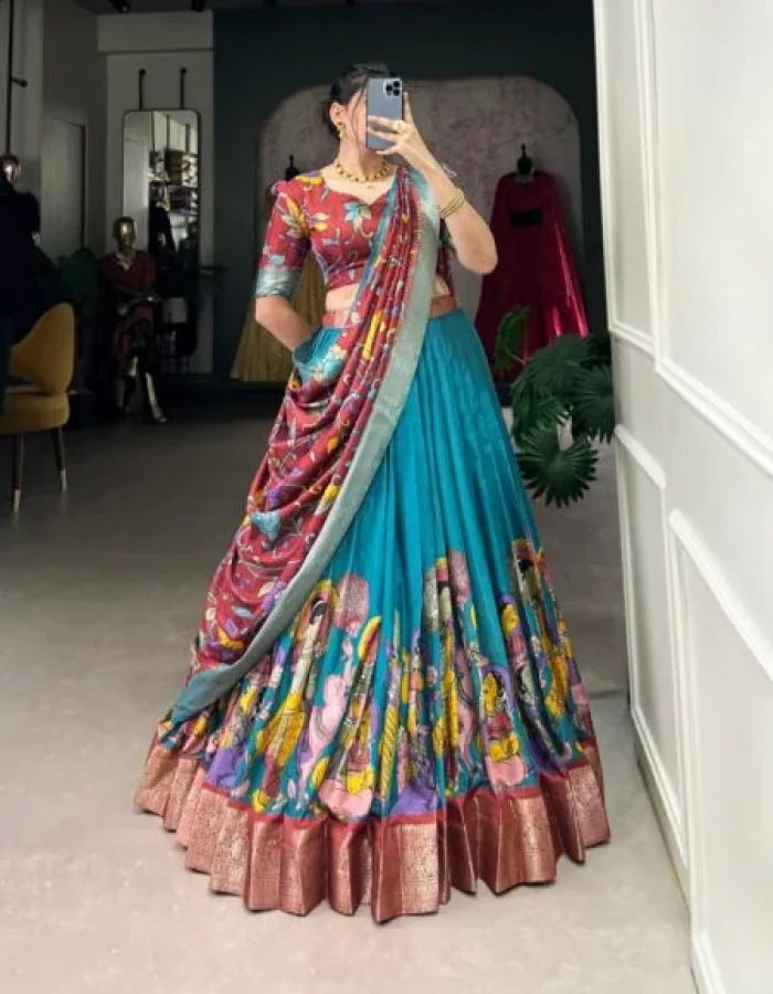 Malishka Export Womens Firozi Dola Silk With Jacquard Lehenga Choli Set
