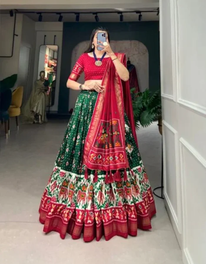 Malishka Export Womens Green Dola Silk With Foil Print Lehenga Choli Set