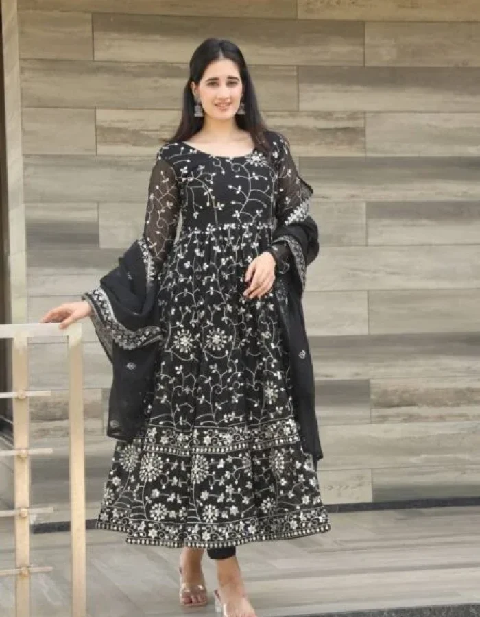 Avantini Women’s Blue Faux Georgette Embroidered Anarkali Kurta Pant With Dupatta