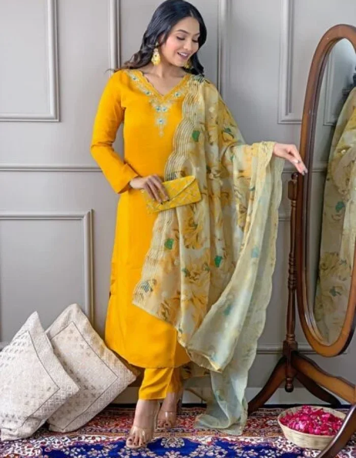 Avantini Women’s Yellow Viscose Chanderi Embroidered Straight Kurta Pant With Dupatta