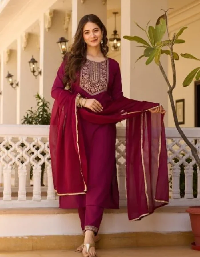 Avantini Women’s Beige Rayon Embroidered Straight Kurta Pant With Dupatta