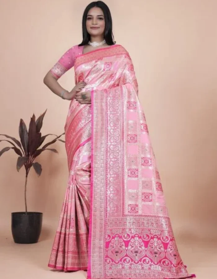 Avantini Baby Pink Banarasi Silk Saree with Rich Silver Zari Detailing With Unstitched Blouse Piece