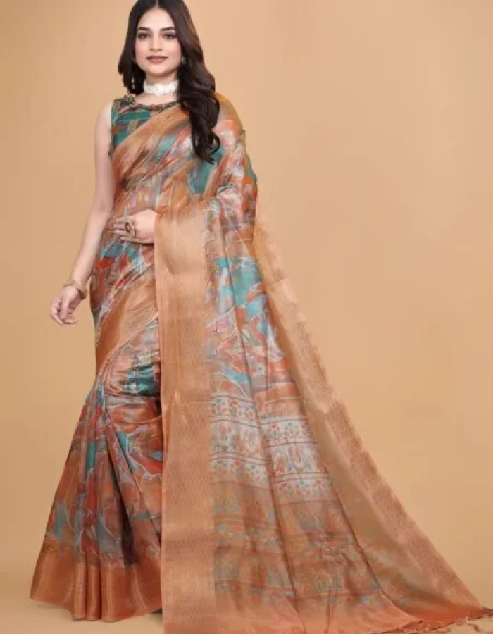 Avantini Banarasi Silk Woven Orange Saree With Unstitched Blouse Piece