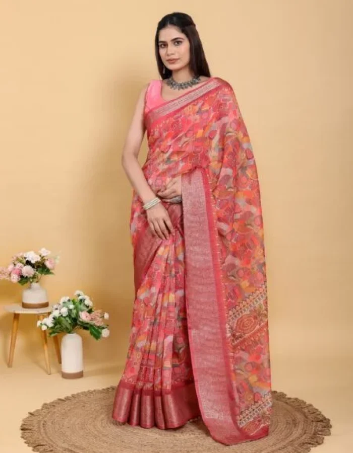 Artistic Brown & Teal Motif Linen Cotton Saree With Blouse Piece