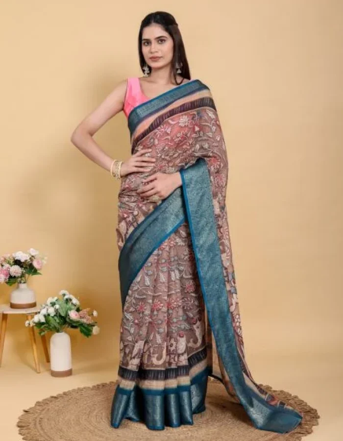 Artistic Brown & Teal Motif Linen Cotton Saree
