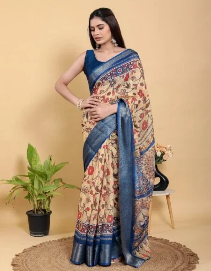 Artistic Brown & Teal Motif Linen Cotton Saree With Blouse Piece